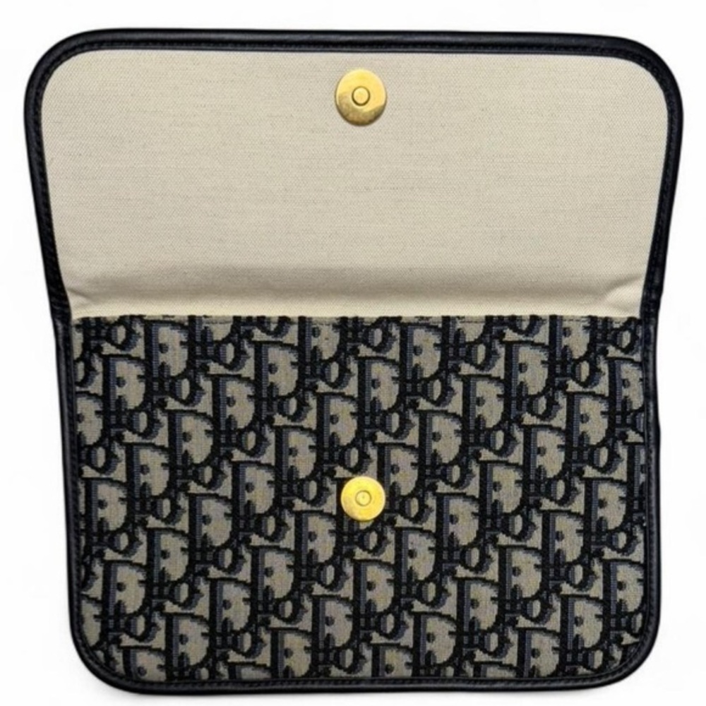 Christian Dior Oblique Navy Blue Canvas Flap Pouch Clutch Dustbag Box Authentic - Picture 4 of 8